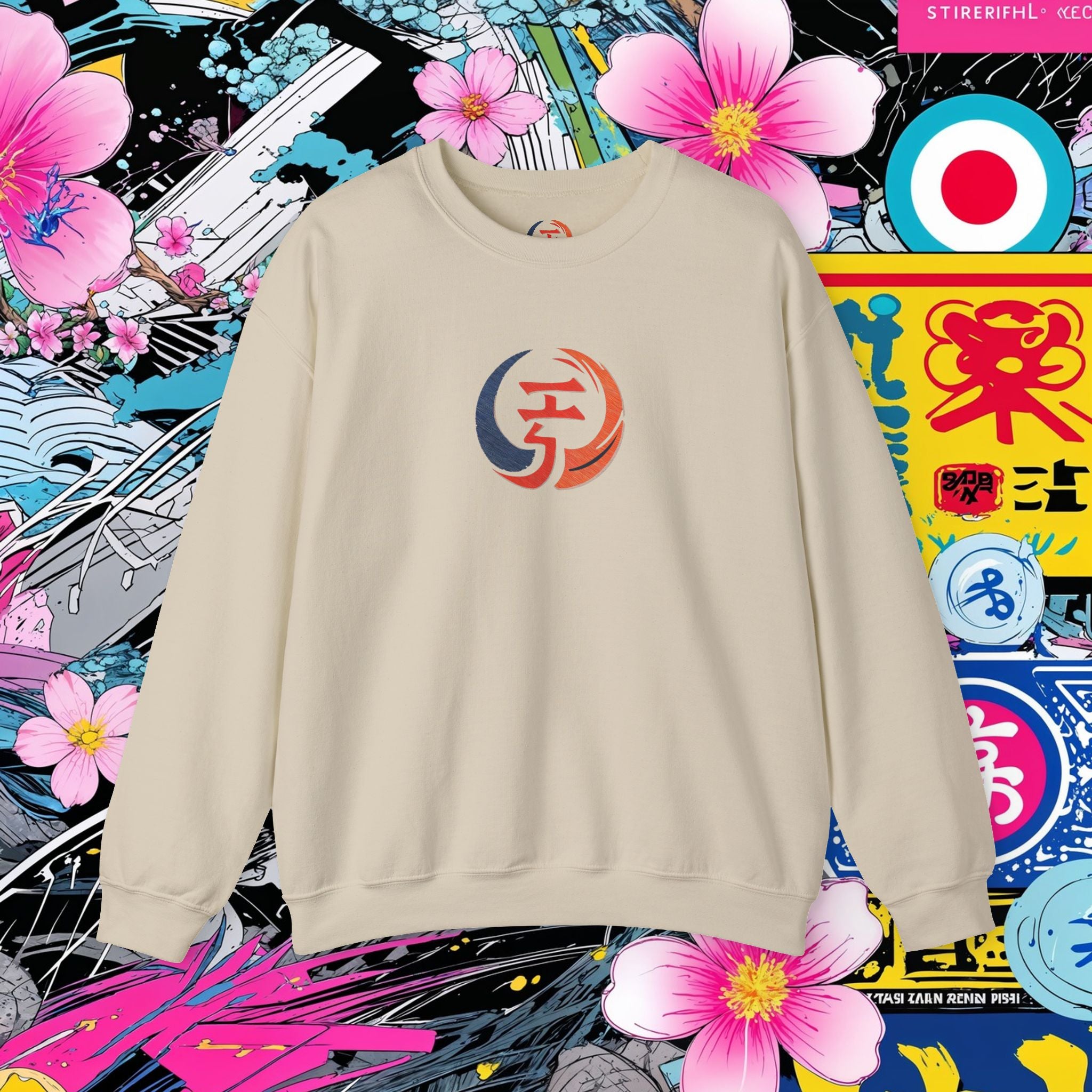 Beige sweatshirt with a colorful logo on a vibrant, abstract background with flowers and patterns.
