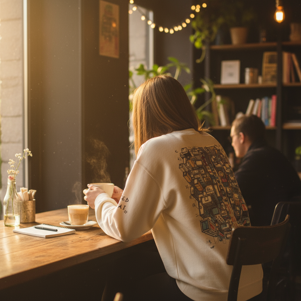 Person sitting at a table in a cozy cafe with a cup of coffee.