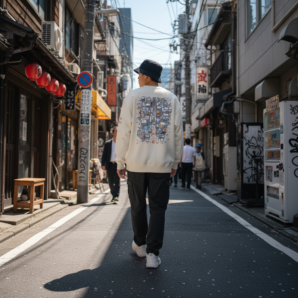Person walking down a narrow street in an urban area with traditional and modern elements.