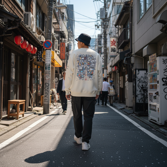 Person walking down a narrow street in an urban area with traditional and modern elements.