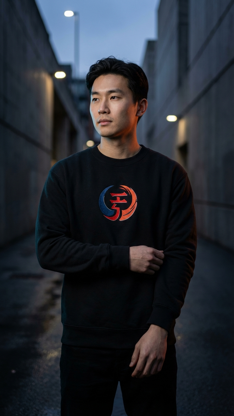 Man wearing a black sweatshirt with a logo in an urban setting