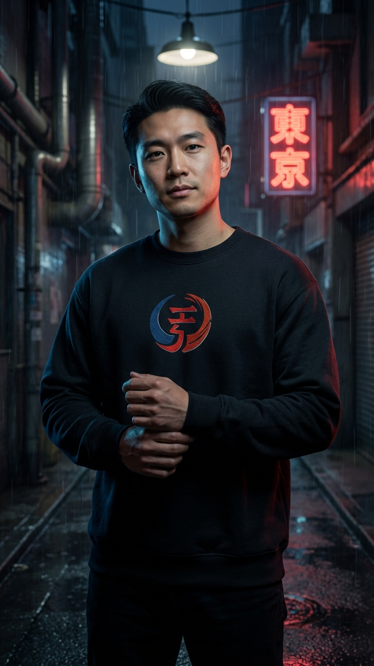 Person wearing a black sweatshirt with a logo in a neon-lit urban setting