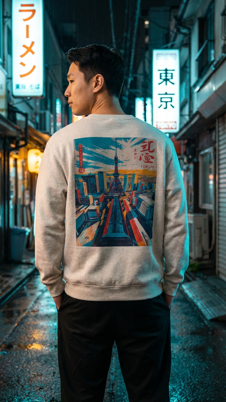 Person wearing a sweatshirt with a colorful graphic on the back in an urban setting.