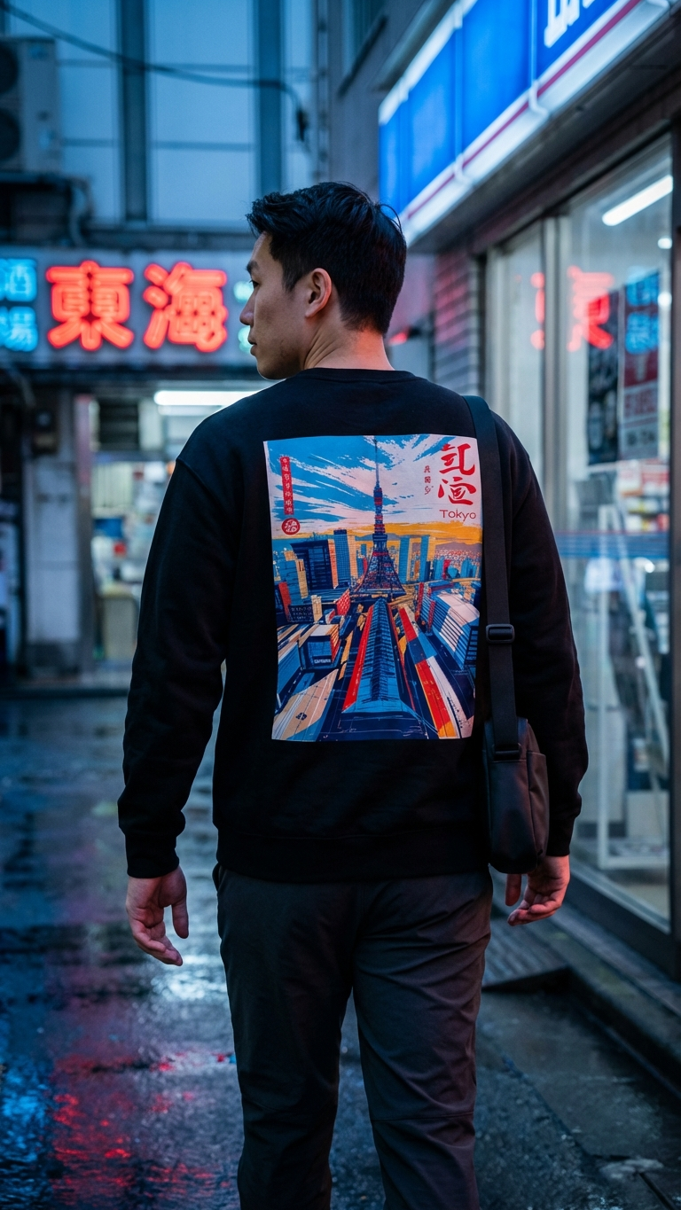 Person wearing a black sweatshirt with a colorful graphic on the back in an urban setting with neon signs.