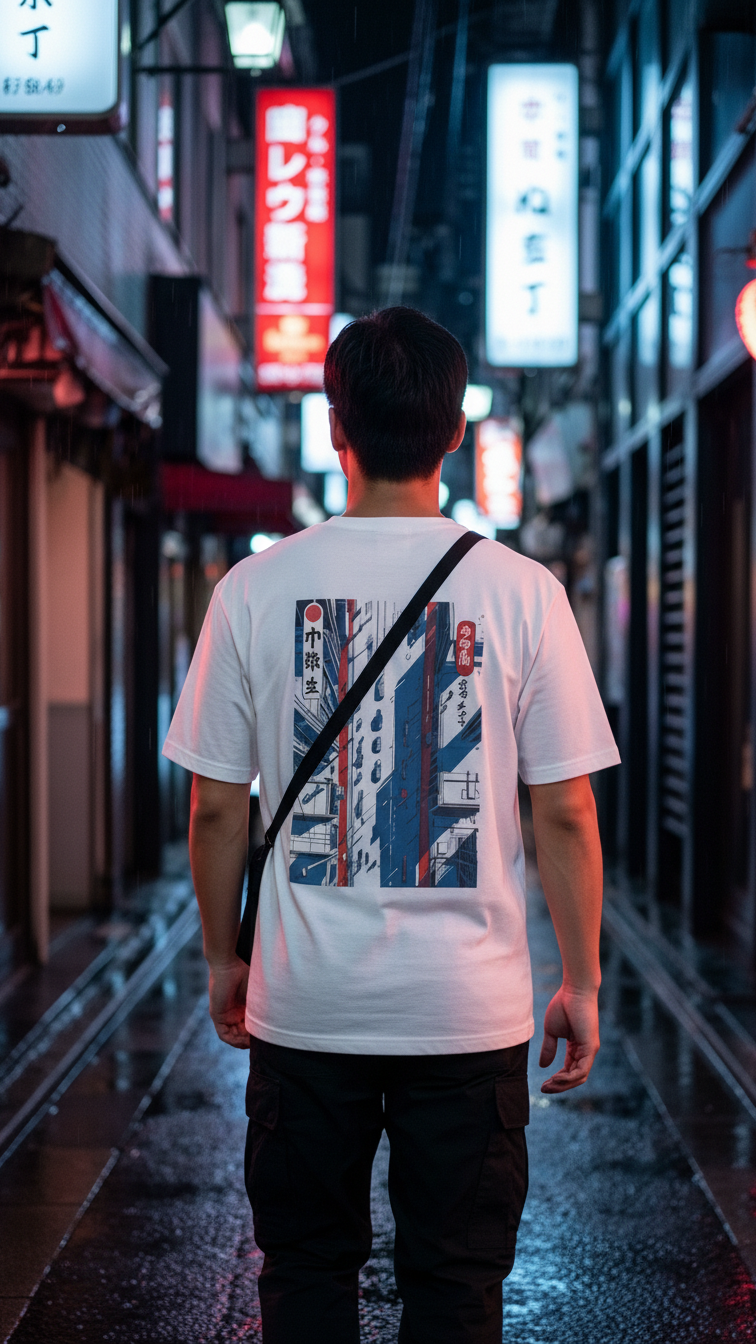 Person wearing a white t-shirt with graphic design walking down a neon-lit street at night.