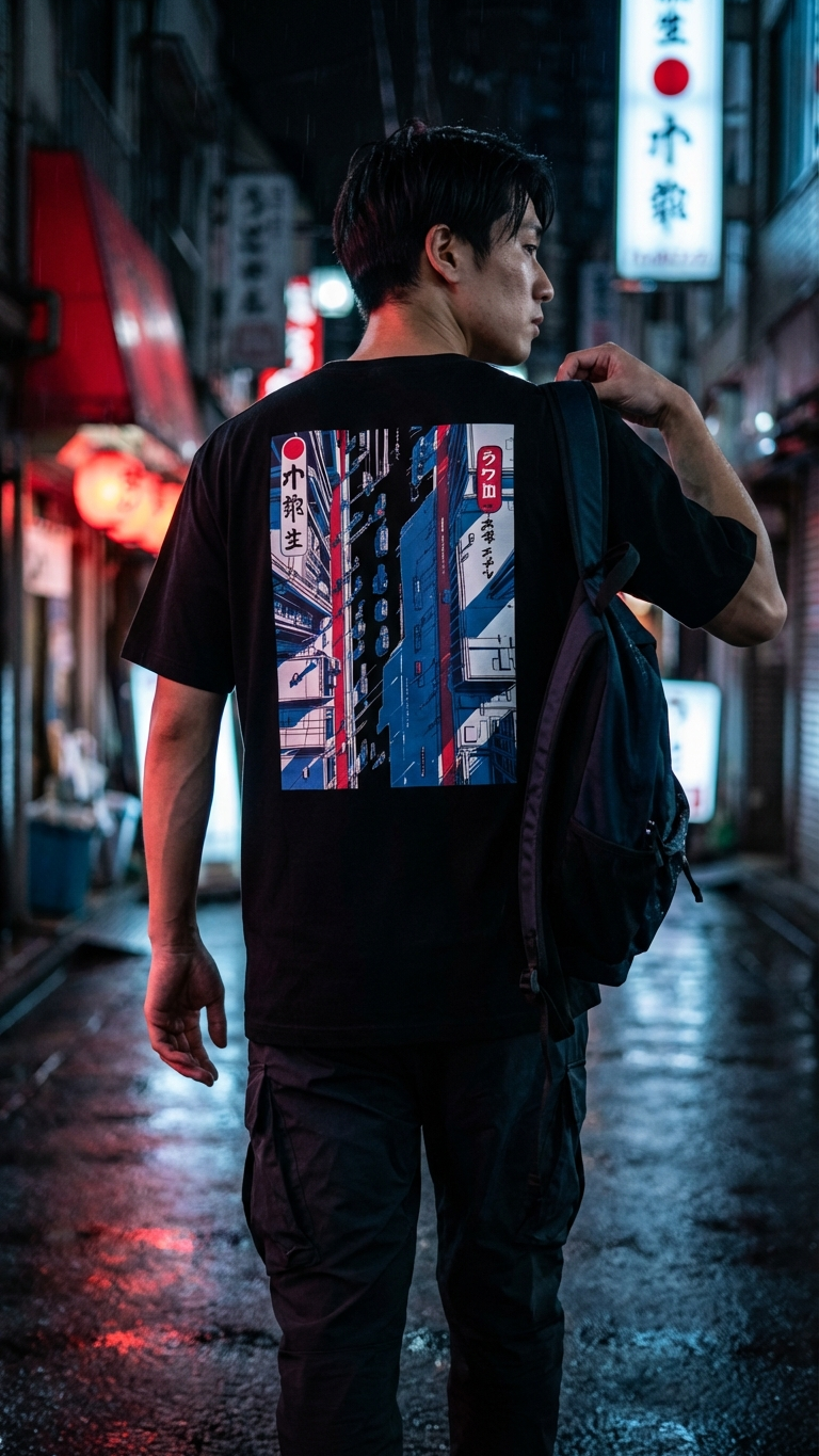 Person wearing a black t-shirt with colorful graphic design in an urban setting
