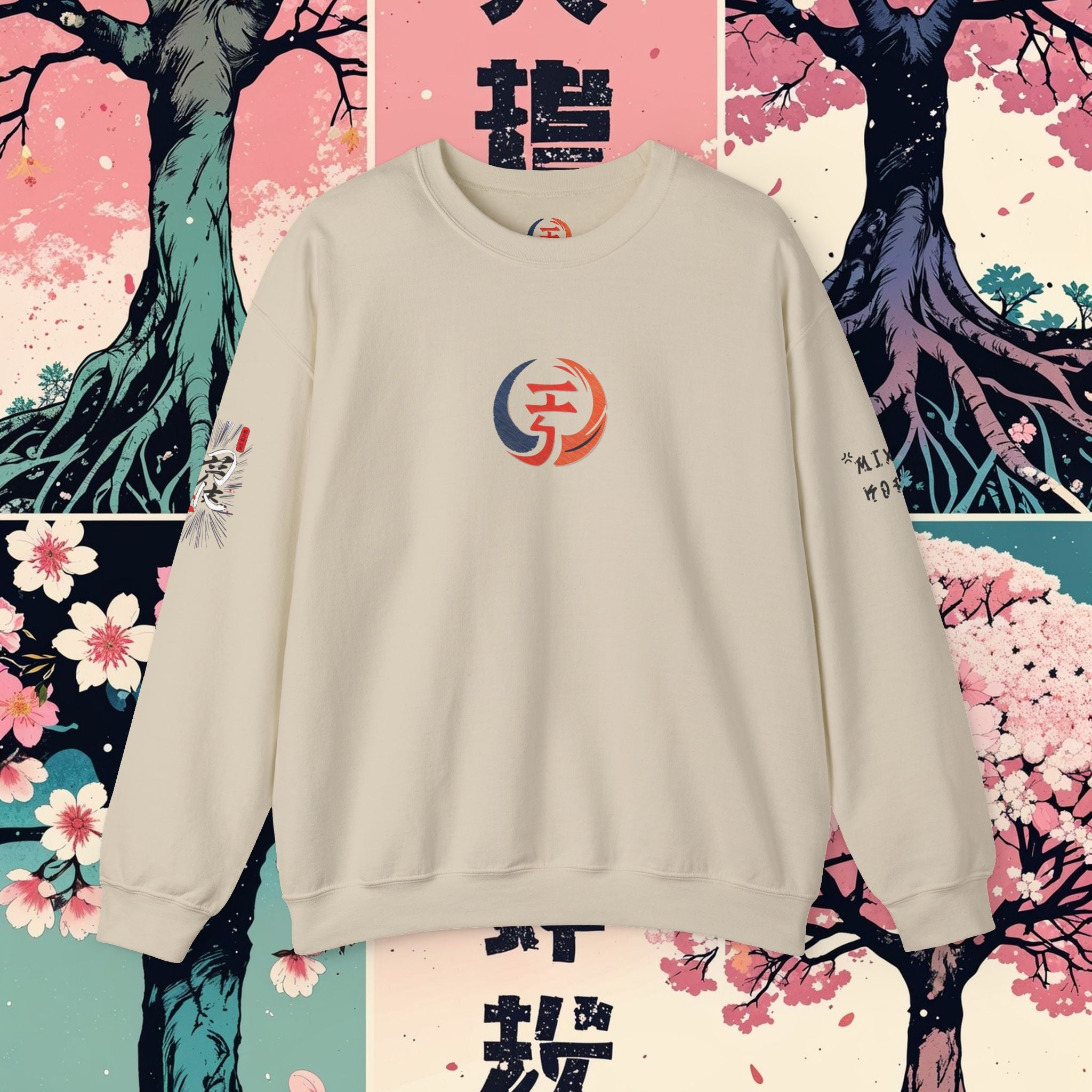 Beige sweatshirt with a colorful logo on a background of stylized trees and flowers