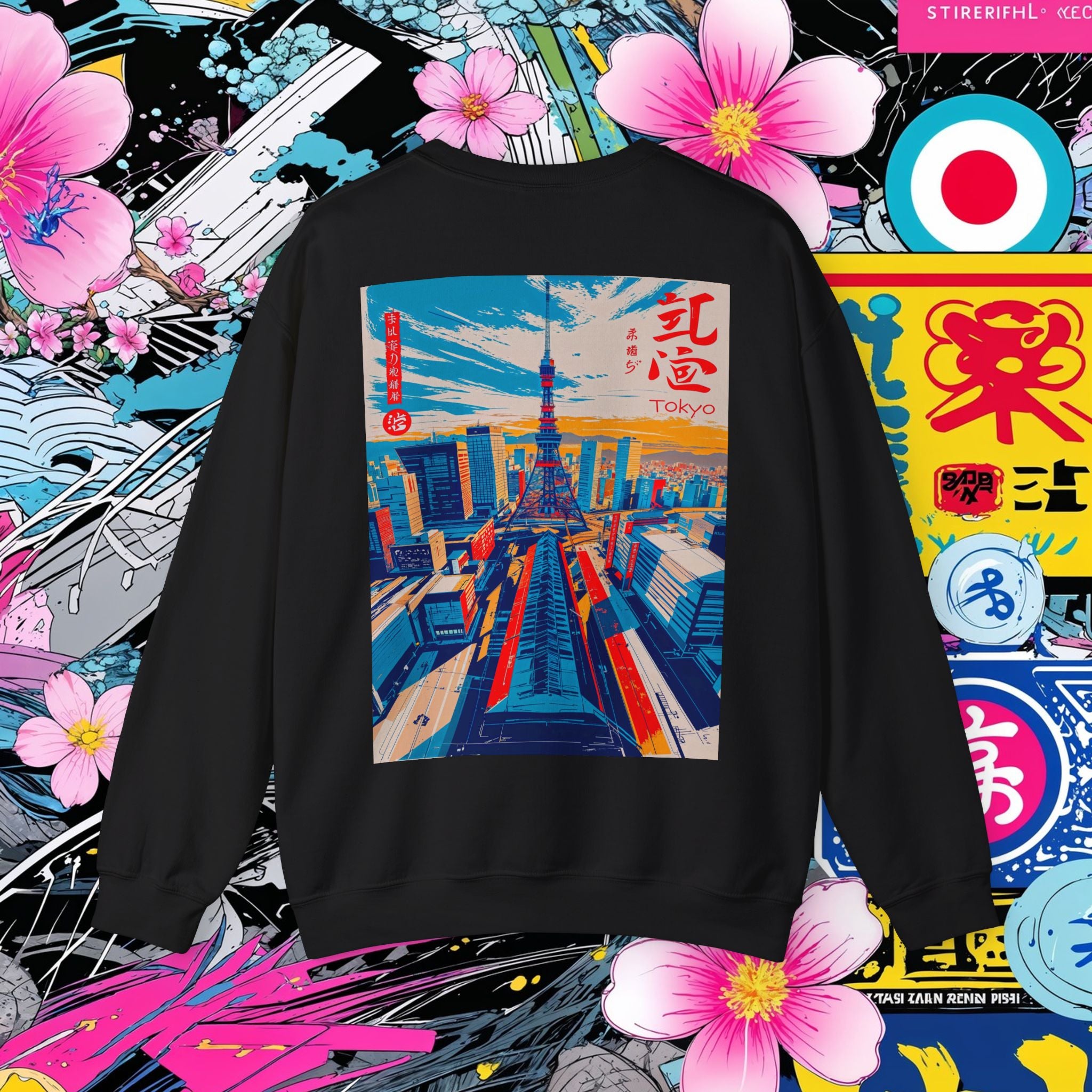 Black sweatshirt with a colorful graphic design of Tokyo on a vibrant background with flowers and abstract shapes.