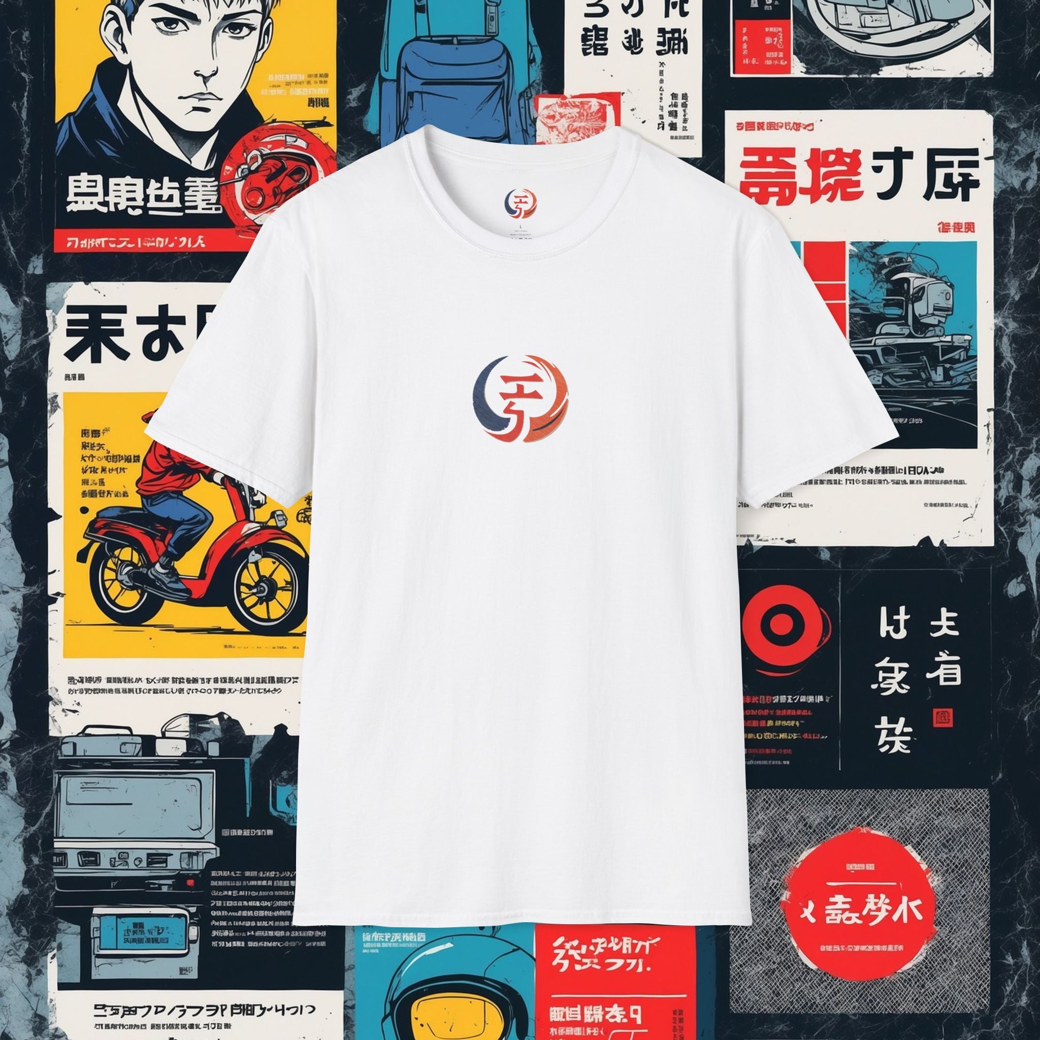 White t-shirt with a logo on a background of Japanese posters