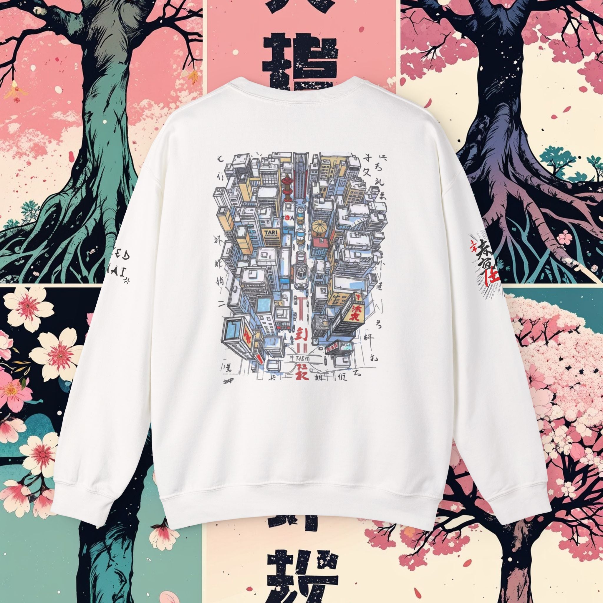 White sweatshirt with colorful graphic design on a background with trees and flowers